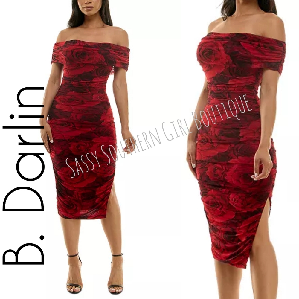🆕⭐ B. Darlin Red Black Floral Mesh Bodycon Midi Dress